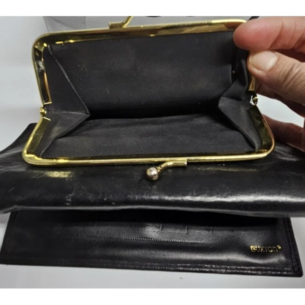 Vintage BUXTON black leather kiss lock purse‎ woman long wallet  7.25x4x0.5